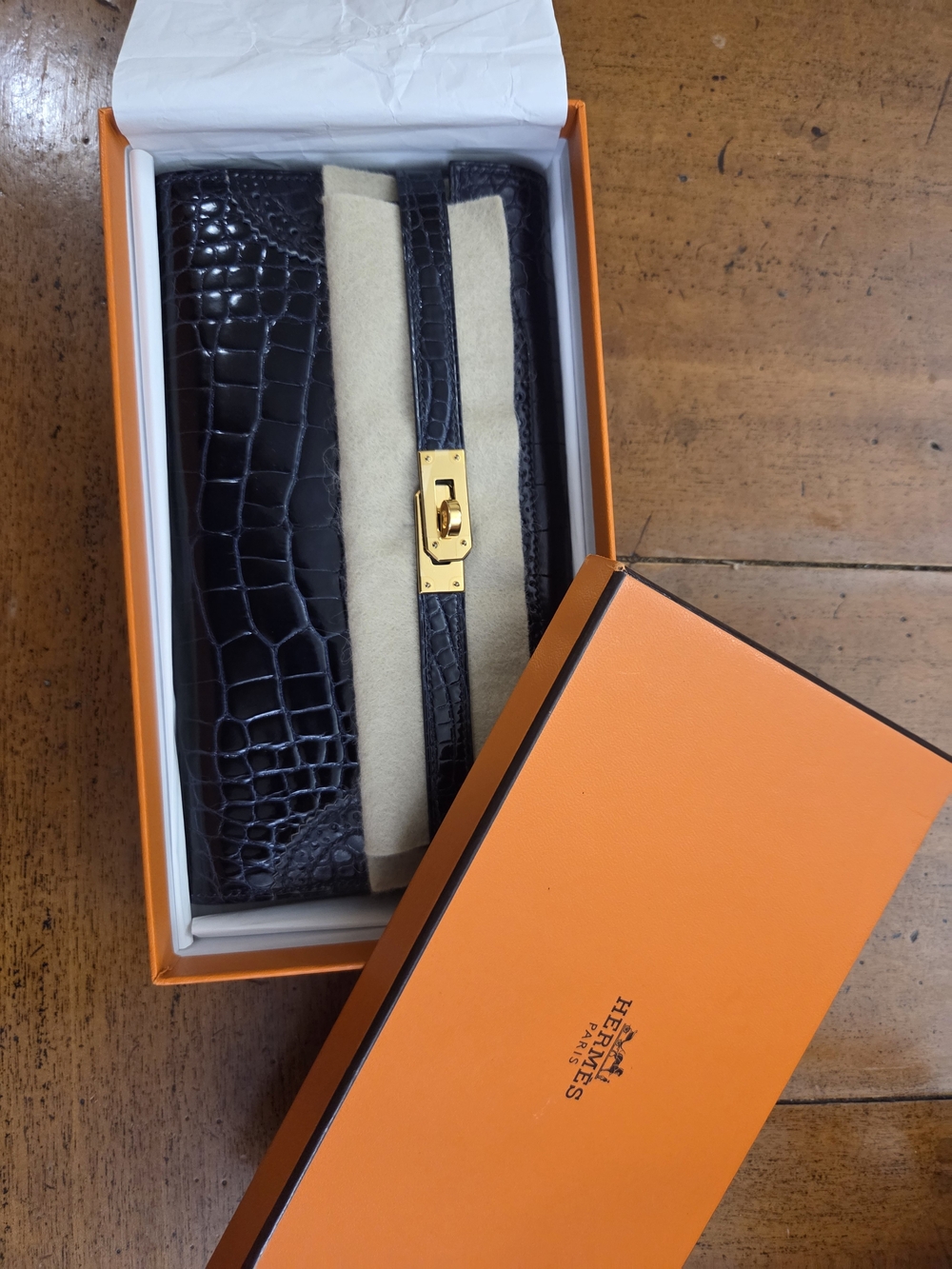 Hermes Black Crocodile Leather Clutch with Gold Hardware - Picture 2 of 8